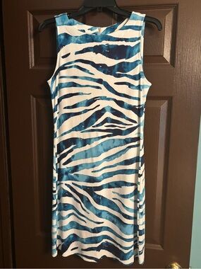 Tommy Bahama Blue & White Zebra Print Sleeveless Shift Dress